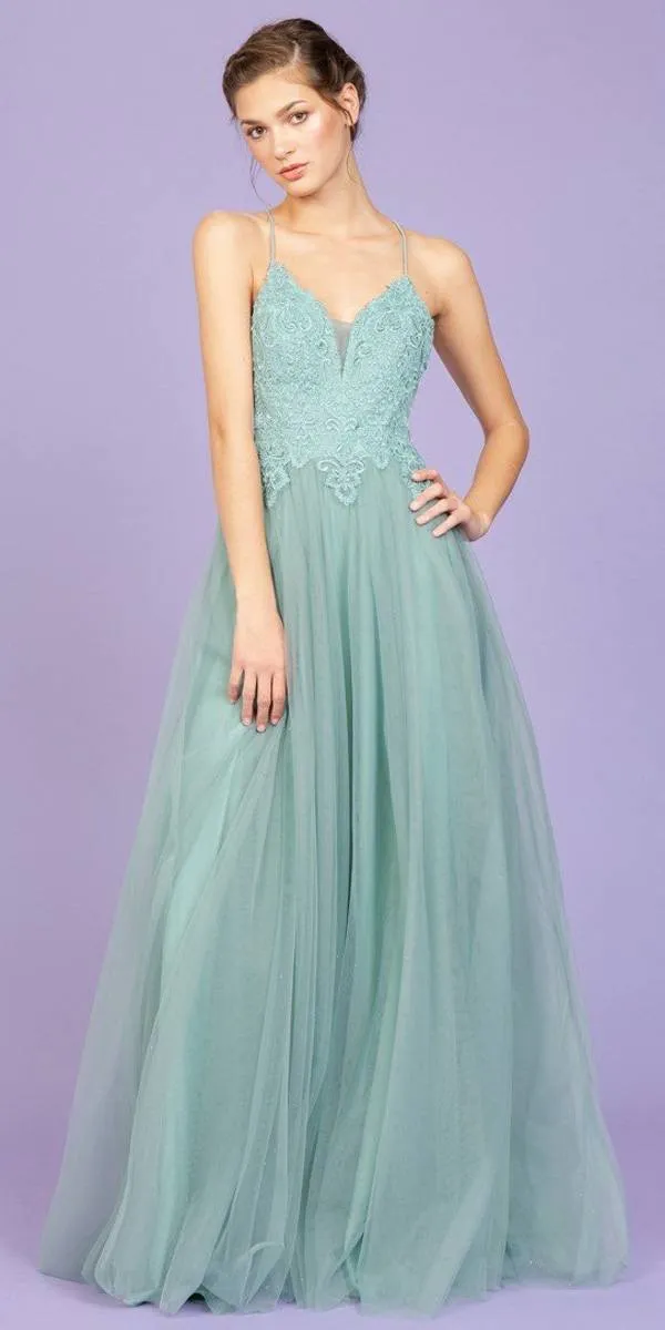 Eureka 9902 Appliqued Bodice Long Dress Soft Mesh Corset Back