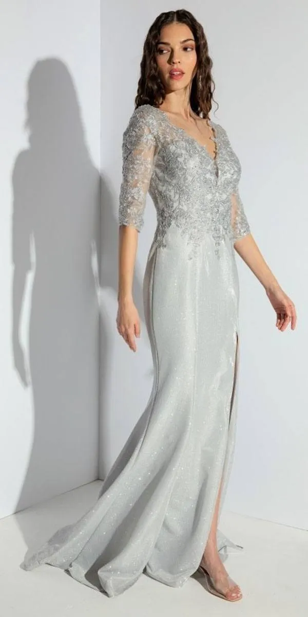 Eureka 9970 Long Sheer Mid Sleeve Length Embroidered Neck Dress