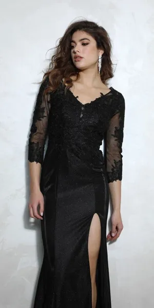 Eureka 9970 Long Sheer Mid Sleeve Length Embroidered Neck Dress