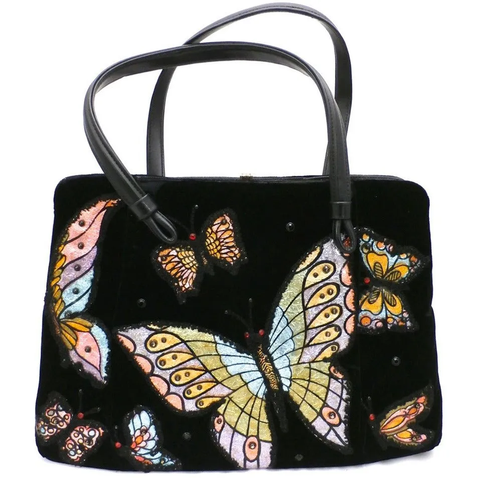 Fab Vintage Black Velvet Butterfly Appliqued Purse 1950S