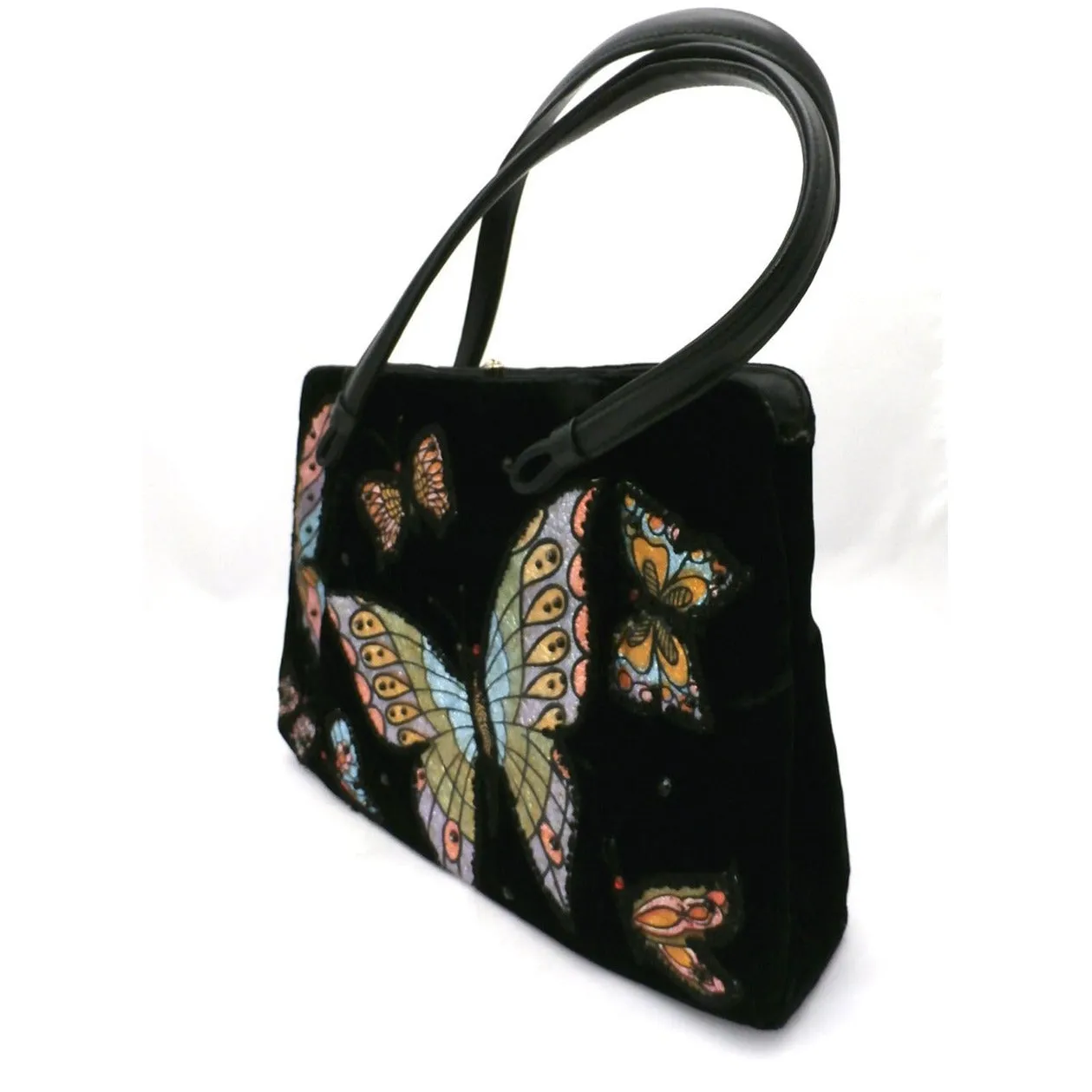 Fab Vintage Black Velvet Butterfly Appliqued Purse 1950S