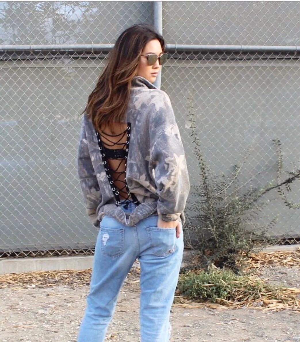 Falling Leaves Lace Up  Back Sweatshirt