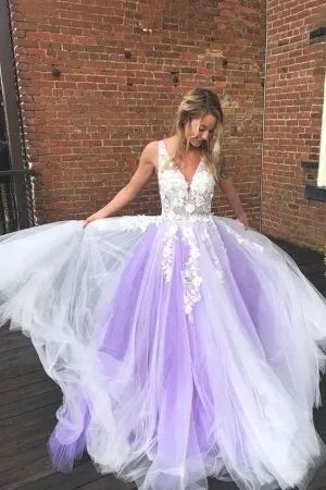 Fashion Sheer Lace Lavender Prom Dress