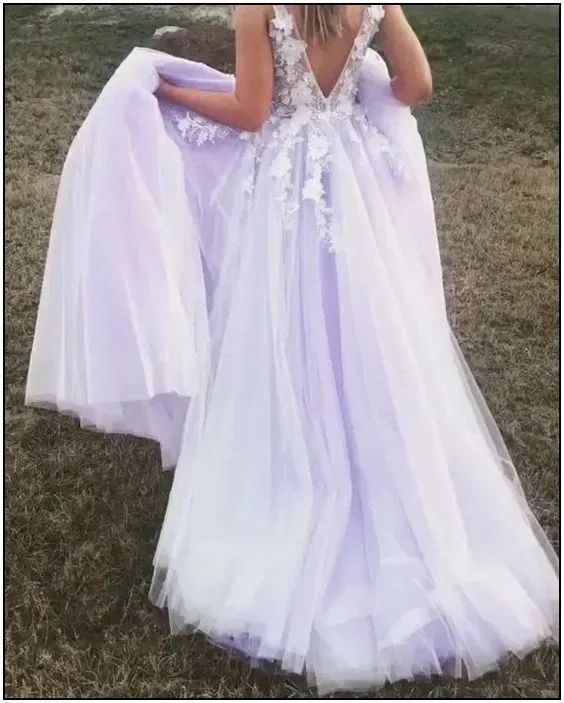 Fashion Sheer Lace Lavender Prom Dress