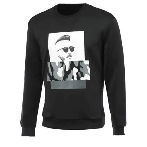 Figure and Camouflage Print Round Neck Long Sleeve Sweatshirt For Men - Black M