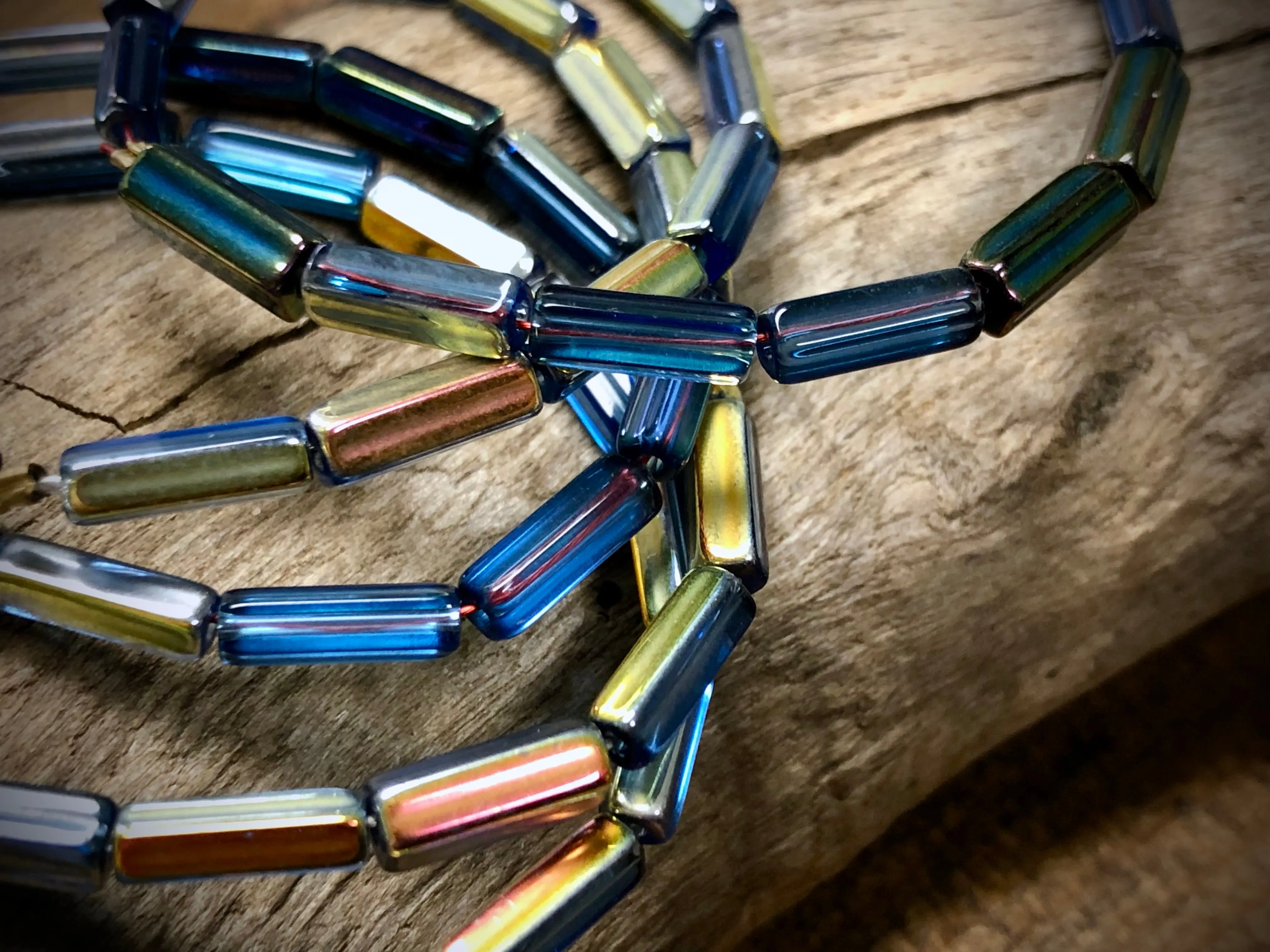 Fire Polished Vintage Czech Glass Strand - Blue Pentagon Tubes