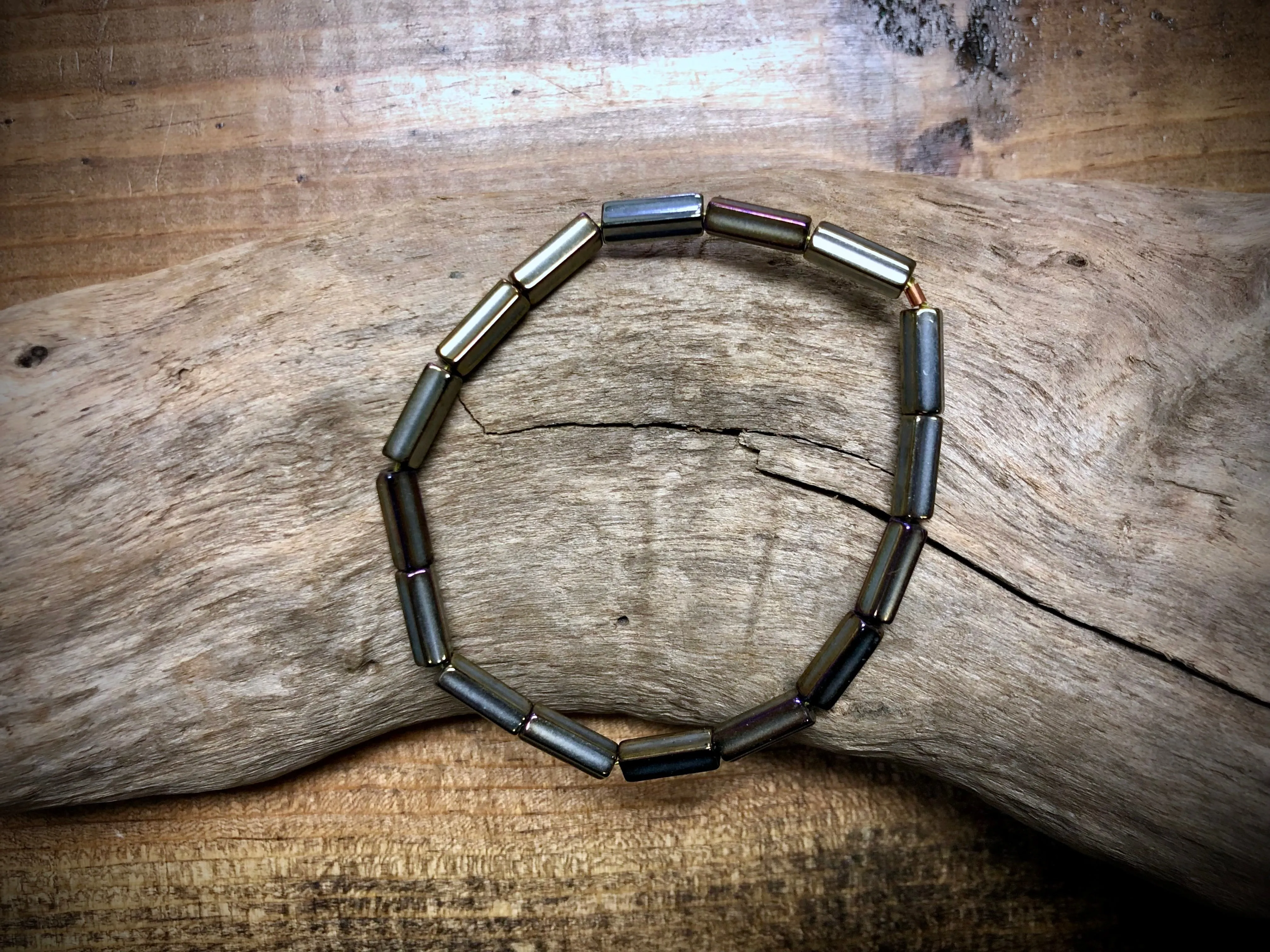 Fire Polished Vintage Czech Glass Strand - Grey Pentagon Tubes