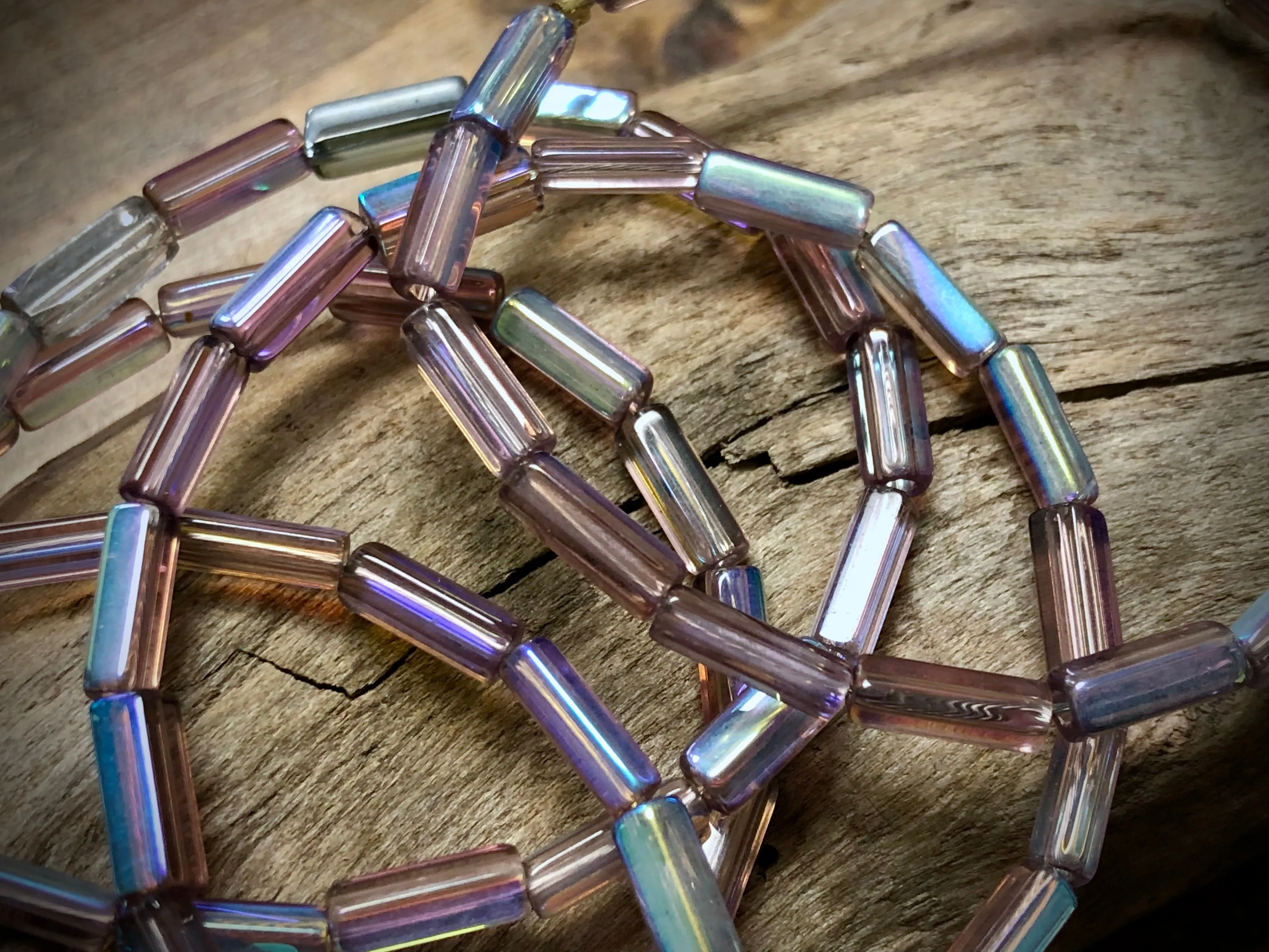 Fire Polished Vintage Czech Glass Strand - Light Purple Pentagon Tubes