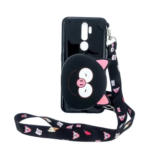 For OPPO A83/A9 2020 Cellphone Case Mobile Phone TPU Shell Shockproof Cover with Cartoon Cat Pig Panda Coin Purse Lovely Shoulder Starp  Black