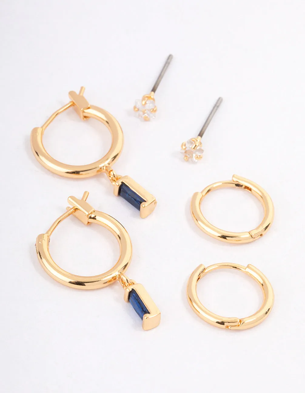 Gold Plated Brass Cubic Zirconia Emerald Cut Huggie Earrings Pack