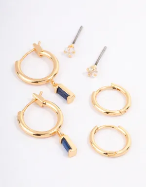 Gold Plated Brass Cubic Zirconia Emerald Cut Huggie Earrings Pack