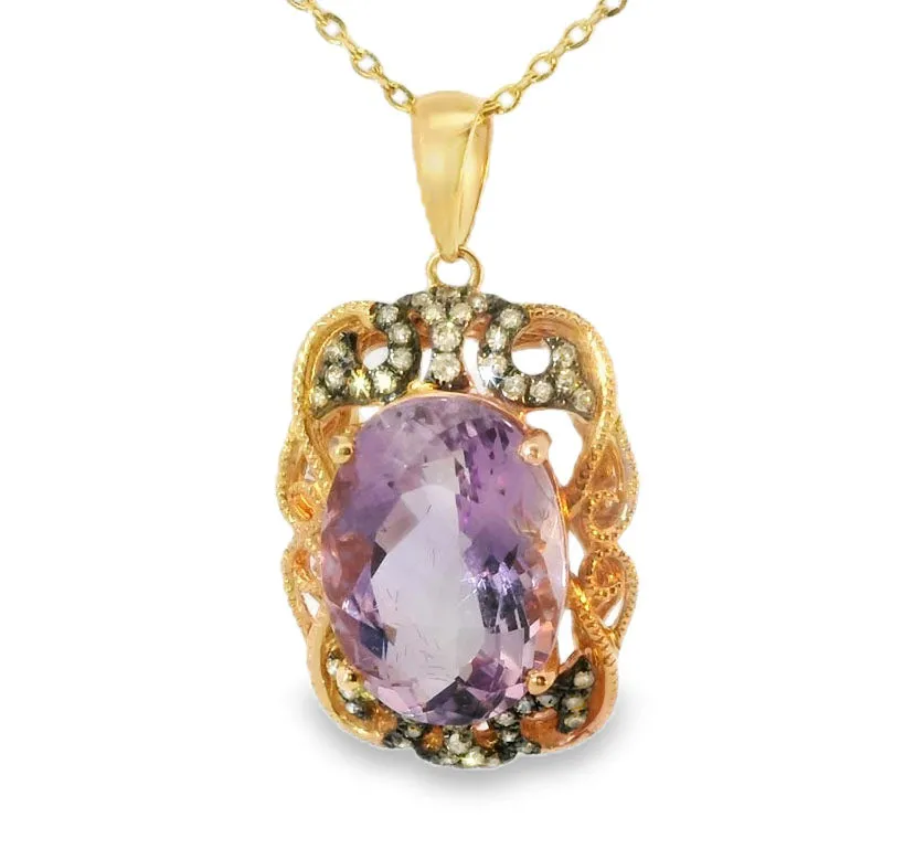 Gorgeous 14K Pink Rose Gold Diamond Amethyst Filigree Pendant