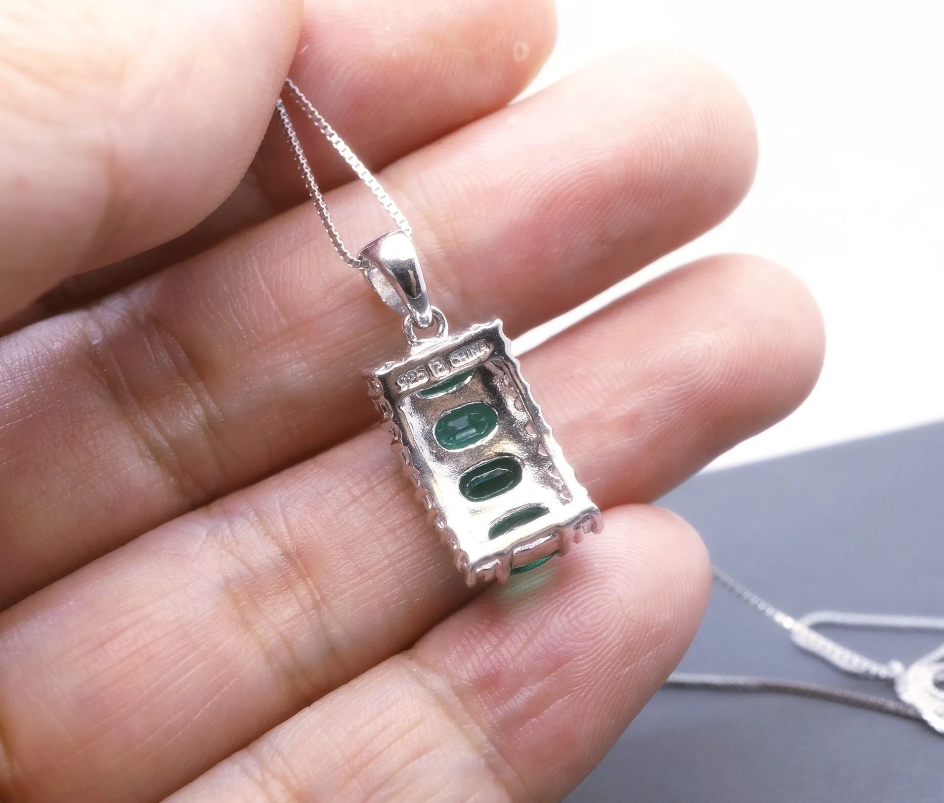 Gorgeous Green Emerald Necklace Sterling Silver - May birthstone pendant , Luxury Rectangle Multi Emerald Pendant White Sapphire Jewelry