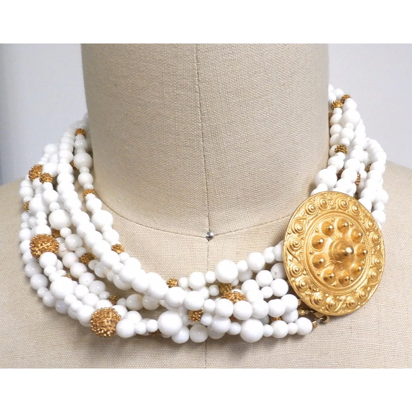 Gorgeous Vintage Les Bernard Signed Jewelry Parure 4 Pc White Beads & Huge Gold Discs Statement