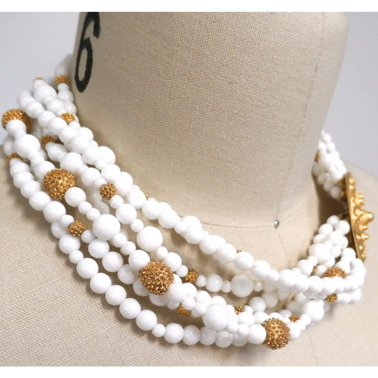 Gorgeous Vintage Les Bernard Signed Jewelry Parure 4 Pc White Beads & Huge Gold Discs Statement