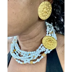 Gorgeous Vintage Les Bernard Signed Jewelry Parure 4 Pc White Beads & Huge Gold Discs Statement