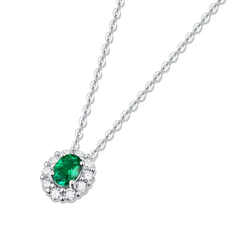 Halo Oval Cut Gemstone Emerald Necklace