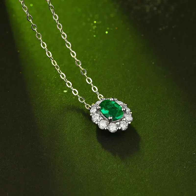 Halo Oval Cut Gemstone Emerald Necklace