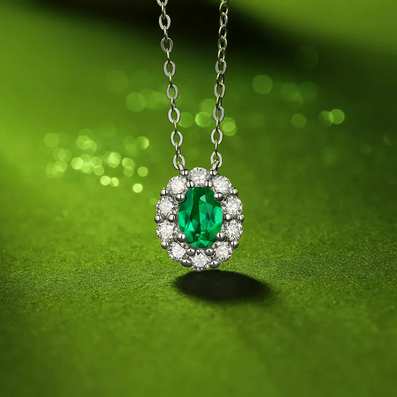 Halo Oval Cut Gemstone Emerald Necklace