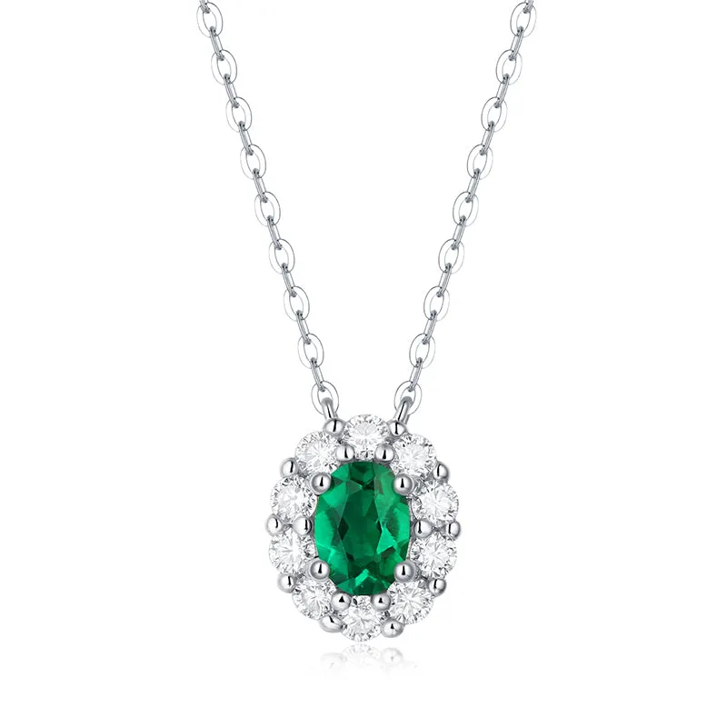 Halo Oval Cut Gemstone Emerald Necklace