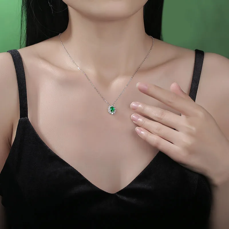 Halo Oval Cut Gemstone Emerald Necklace