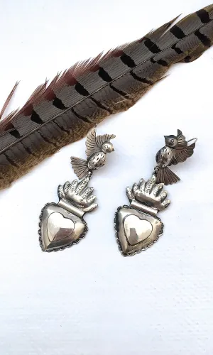 HEARTS ON FIRE Handcrafted Silver Birds and Sacred Heart Earrings by Federico Jimenez