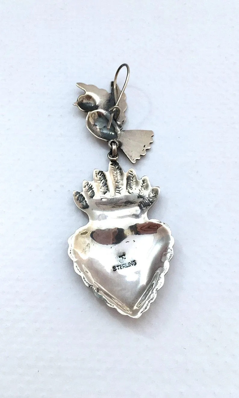 HEARTS ON FIRE Handcrafted Silver Birds and Sacred Heart Earrings by Federico Jimenez