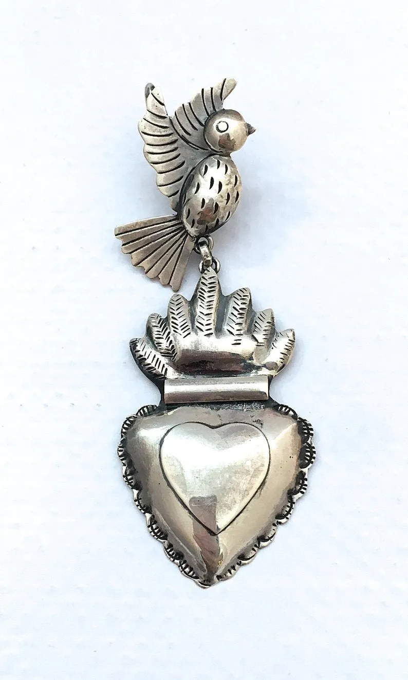HEARTS ON FIRE Handcrafted Silver Birds and Sacred Heart Earrings by Federico Jimenez