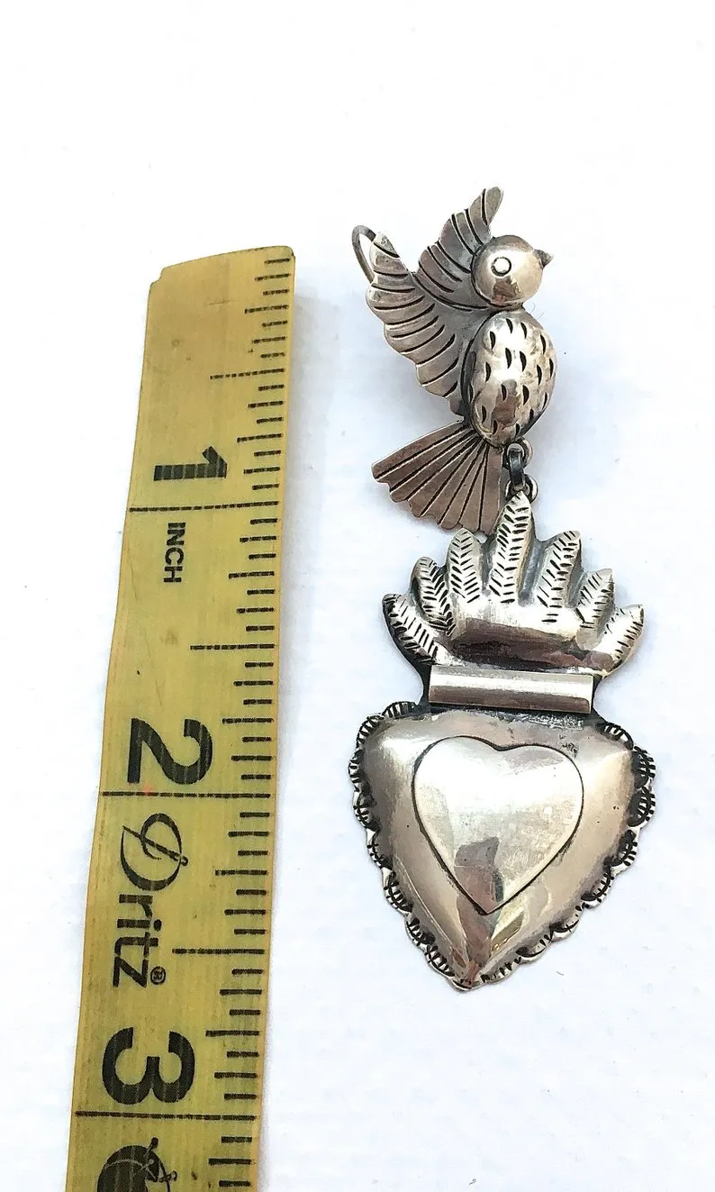 HEARTS ON FIRE Handcrafted Silver Birds and Sacred Heart Earrings by Federico Jimenez