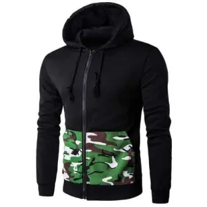 Hooded Camouflage Spliced Pocket Zip-Up Long Sleeve Black Hoodie Mens - Black Xl