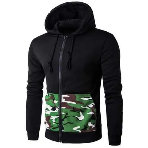 Hooded Camouflage Spliced Pocket Zip-Up Long Sleeve Black Hoodie Mens - Black Xl