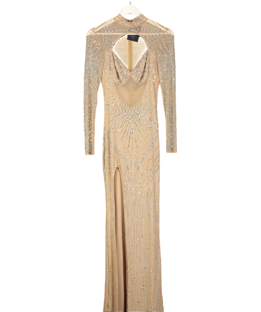 House of Maguie Nude Mesh Rhinestone And Pearl Encrusted Maxi Dress UK S
