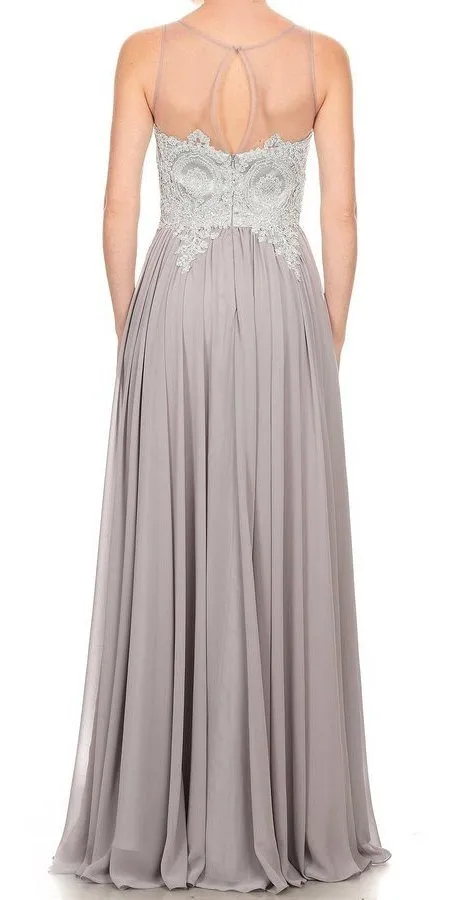 J&J Fashion 3027 Illusion Keyhole Back Long Prom Dress with Appliques