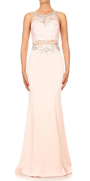 J&J Fashion 3058 Long Formal Dress with Sheer Lace Midriff