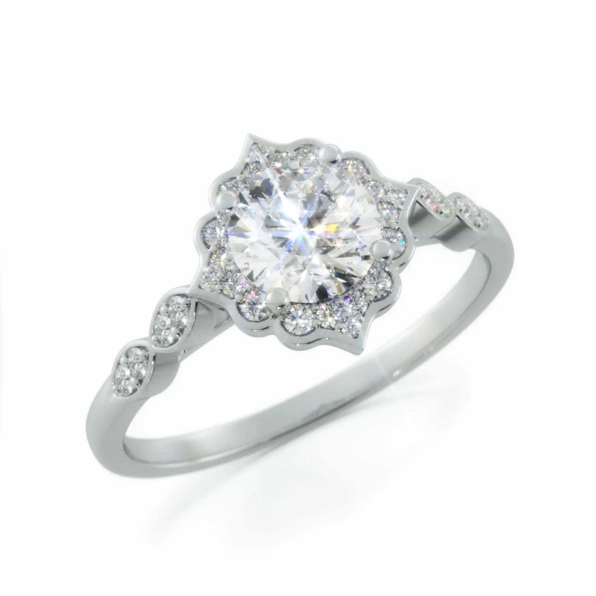 Licht Decorative Halo Natural Round  Diamond Engagement Ring
