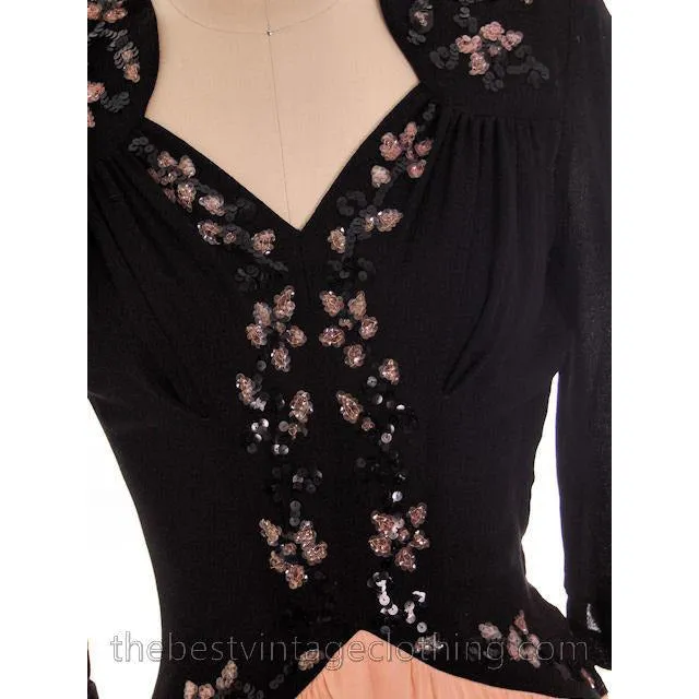 Lovely Vintage 1940s Evening Dress Pink & Black Sequinned  Bodice 34-26-Free
