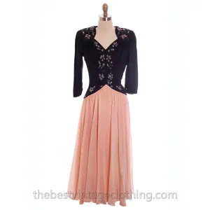 Lovely Vintage 1940s Evening Dress Pink & Black Sequinned  Bodice 34-26-Free