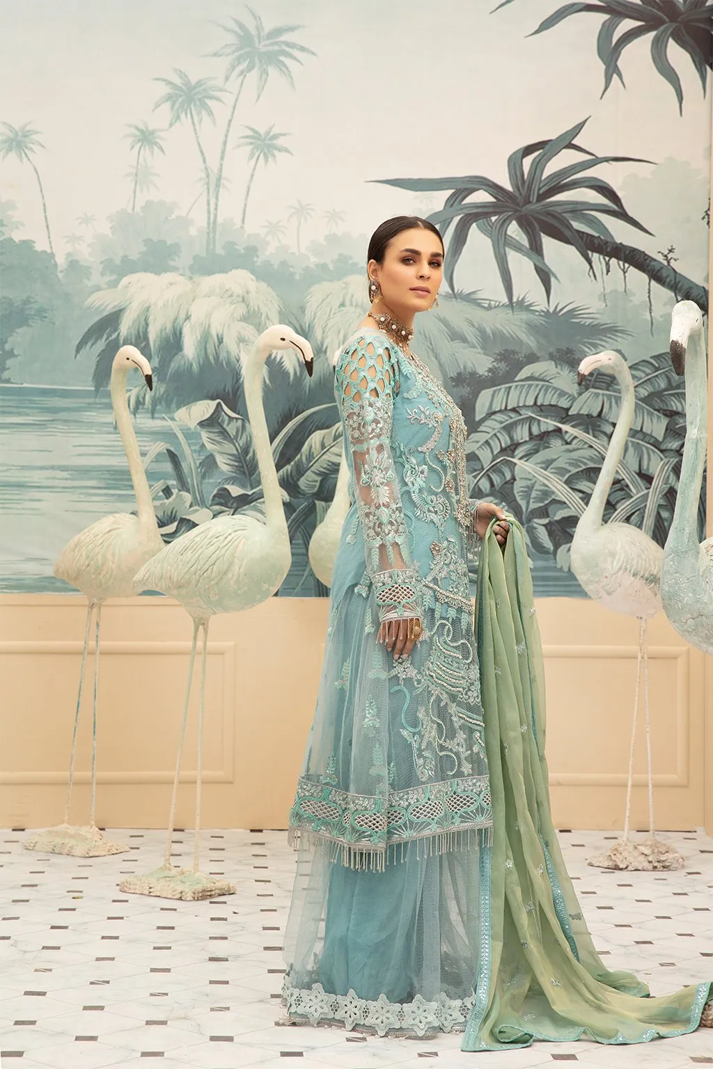Luxurious Pakistani Net Dress In Light Turquoise Color # C2081