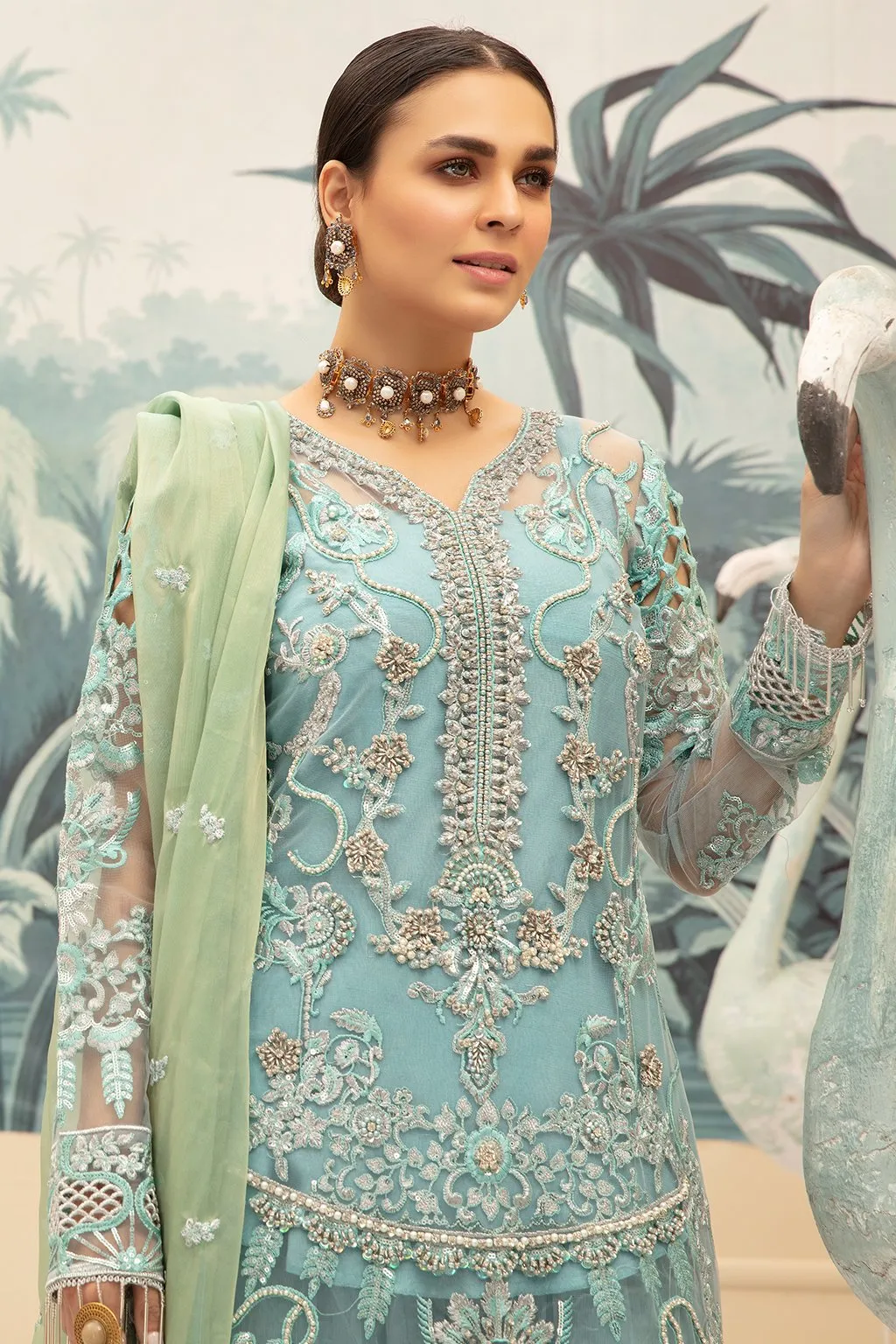 Luxurious Pakistani Net Dress In Light Turquoise Color # C2081