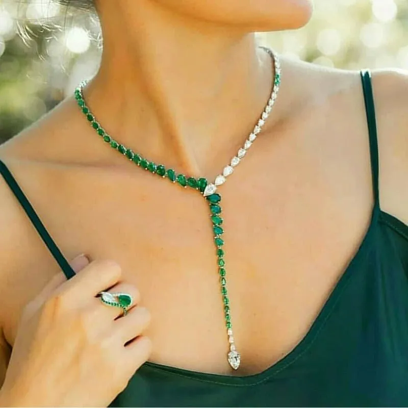 Luxury 2PCS Emerald Bridal Jewelry Set For Women Wedding Jewelry