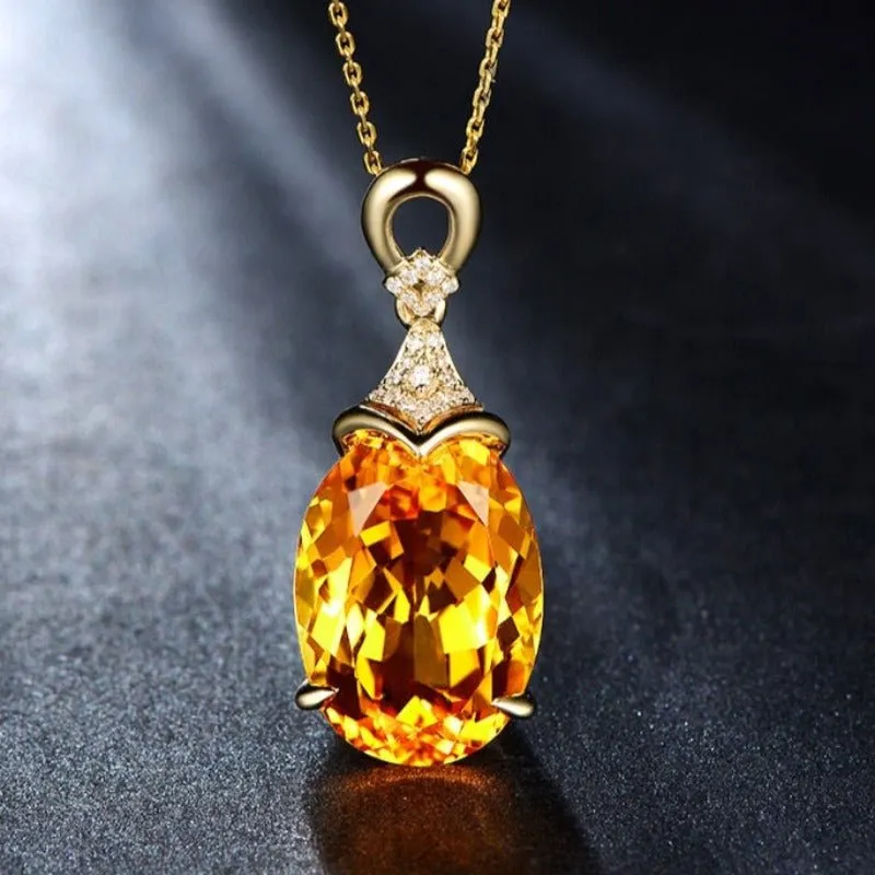 Luxury Citrine Gemstone Pendant Necklace 18K Gold For Women Jewelry