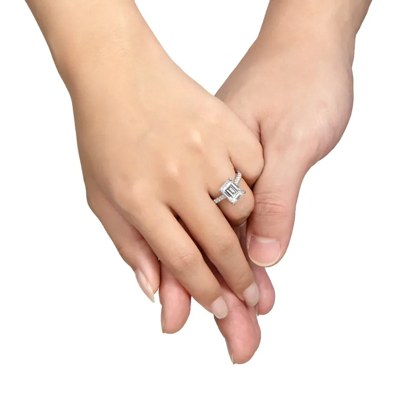 Luxury Hidden Halo Emerald Cut Moissanite Diamond Ring