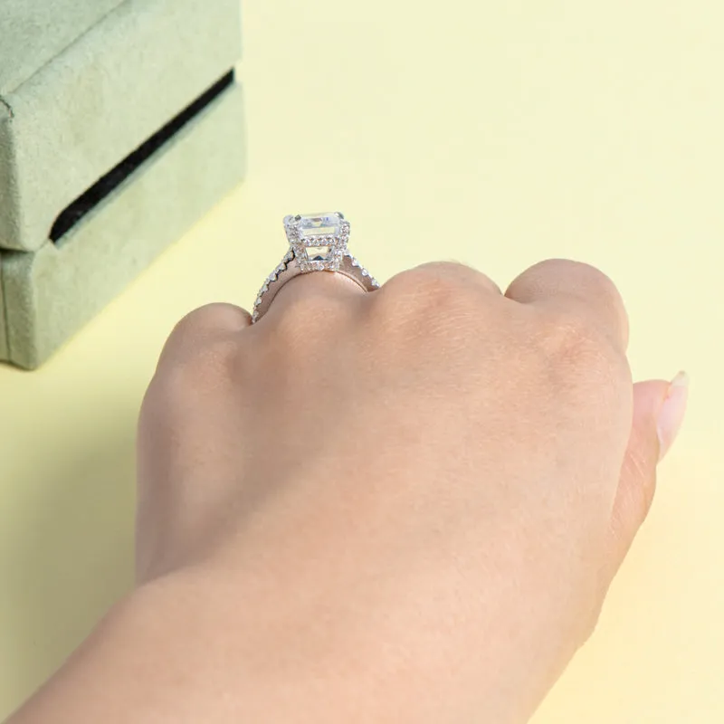 Luxury Hidden Halo Emerald Cut Moissanite Diamond Ring