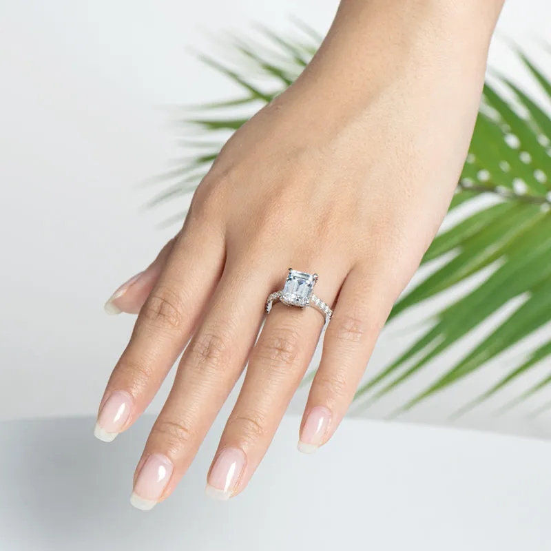Luxury Hidden Halo Emerald Cut Moissanite Diamond Ring