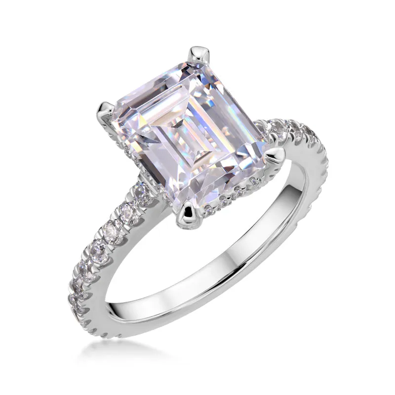 Luxury Hidden Halo Emerald Cut Moissanite Diamond Ring