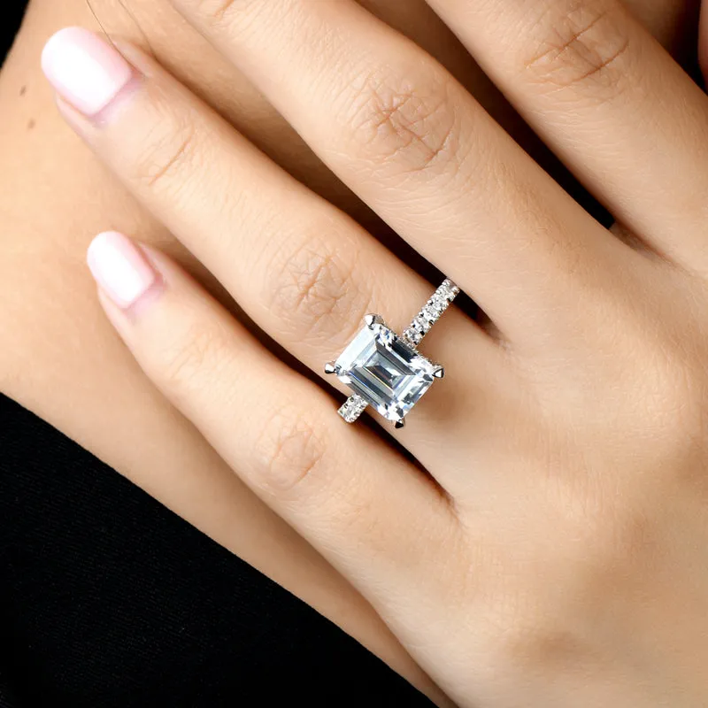 Luxury Hidden Halo Emerald Cut Moissanite Diamond Ring