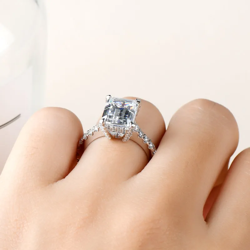 Luxury Hidden Halo Emerald Cut Moissanite Diamond Ring