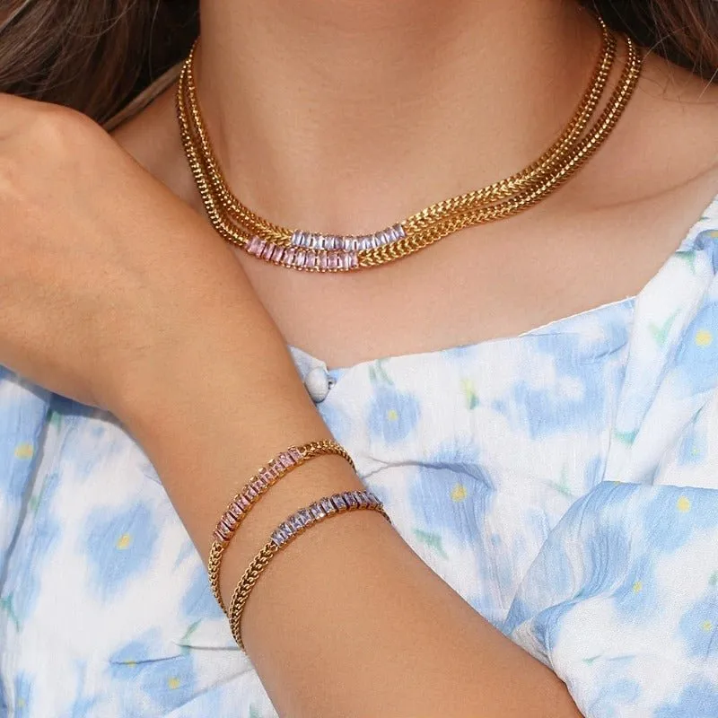 Luxury Tennis Chain Gold Jewelry Set Women Bracelet Necklace Jewelry Set