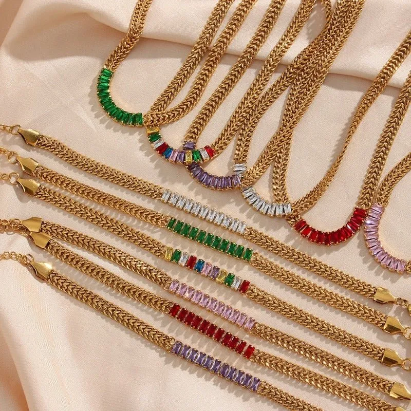Luxury Tennis Chain Gold Jewelry Set Women Bracelet Necklace Jewelry Set