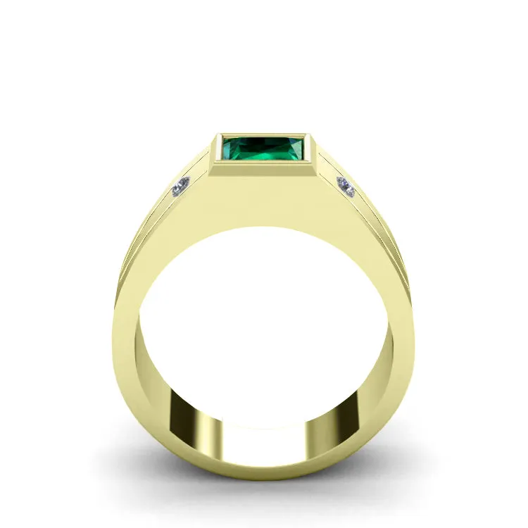 Male Gold Plated Ring 6 mm Square Emerald and 2 Natural Diamonds Classic Luxury Design